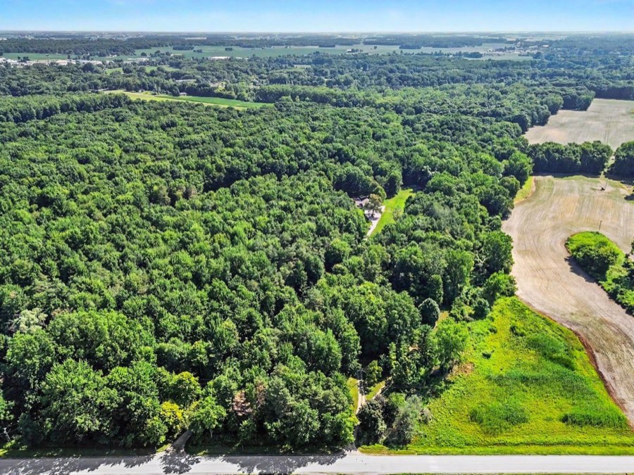High aerial view of the wooded acreage surrounding 6333 Blackmar Road